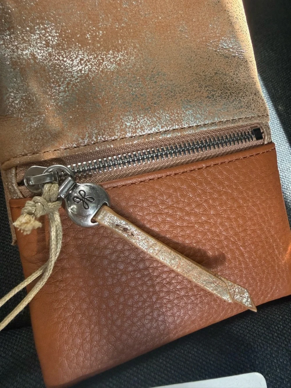 HOBO Iridescent Gold + Tan Leather Zip sunglasses or phone Pouch